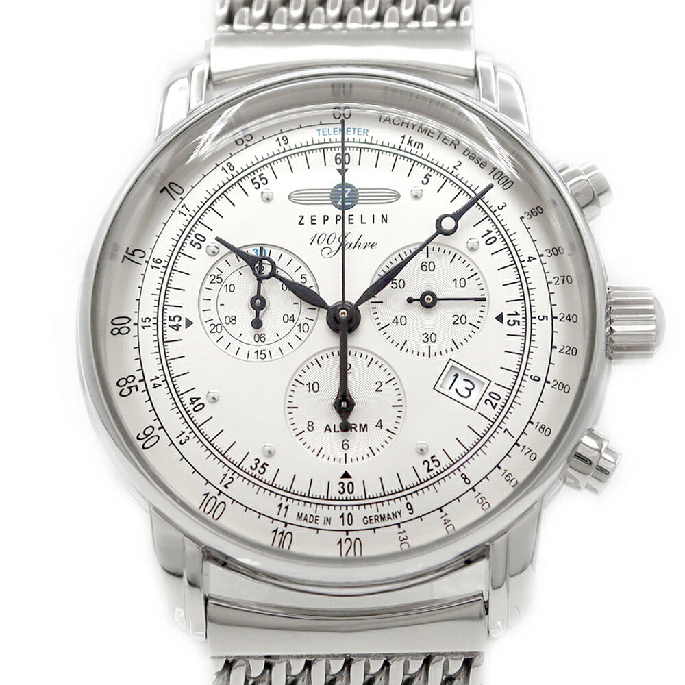電池交換済 ZEPPELIN ツェッペリン 7680M-1 100周年記念モデル 日本限定 クロノグラフ デイト 50m防水 シルバー SS ステンレス メンズ クォーツ【6ヶ月保証】【腕時計】【中古】