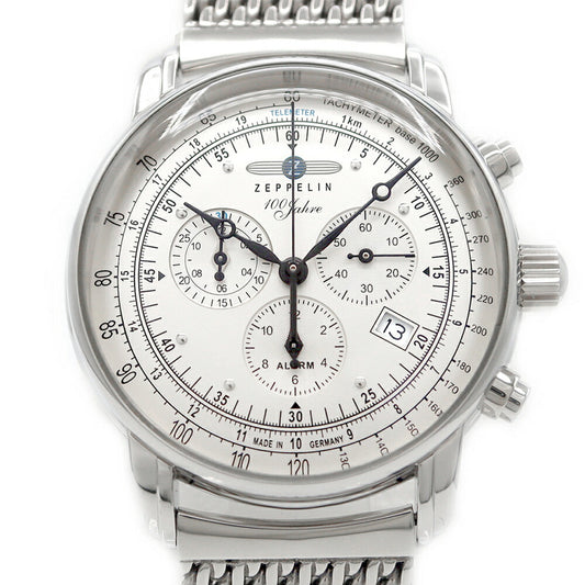 電池交換済 ZEPPELIN ツェッペリン 7680M-1 100周年記念モデル 日本限定 クロノグラフ デイト 50m防水 シルバー SS ステンレス メンズ クォーツ【6ヶ月保証】【腕時計】【中古】