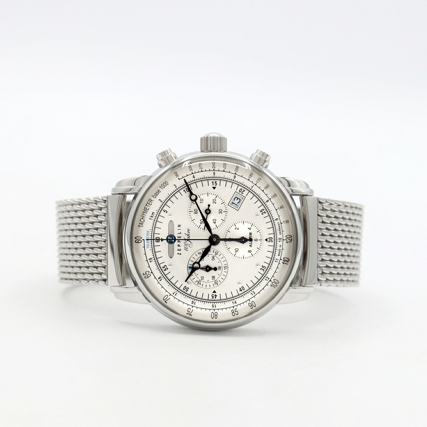 電池交換済 ZEPPELIN ツェッペリン 7680M-1 100周年記念モデル 日本限定 クロノグラフ デイト 50m防水 シルバー SS ステンレス メンズ クォーツ【6ヶ月保証】【腕時計】【中古】