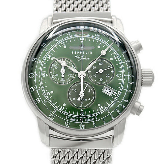 電池交換済 ZEPPELIN ツェッペリン 8680M-4 100周年記念モデル 日本限定 クロノグラフ デイト 50m防水 緑 グリーン SS ステンレス メンズ クォーツ【6ヶ月保証】【腕時計】【中古】