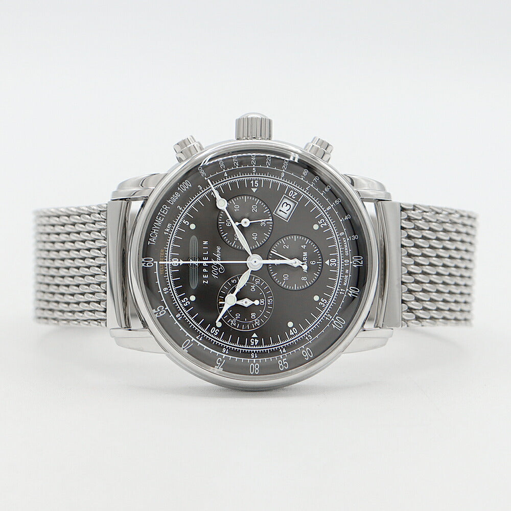 電池交換済 ZEPPELIN ツェッペリン 8680M-6 100周年記念モデル 日本限定 クロノグラフ デイト 50m防水 グレー SS ステンレス メンズ クォーツ【6ヶ月保証】【腕時計】【中古】