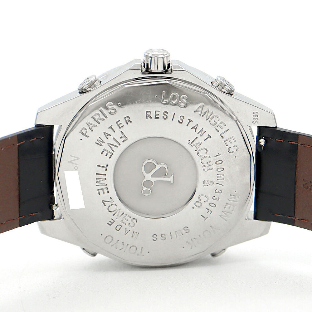電池交換済 JACOB&Co. ジェイコブ ファイブタイムゾーン 47mm ダイヤベゼル JC-3D ダイヤモンド 100m防水 シルバーギョーシェ SS ステンレス 純正バックル メンズ クォーツ 5タイム【6ヶ月保証】【腕時計】【中古】