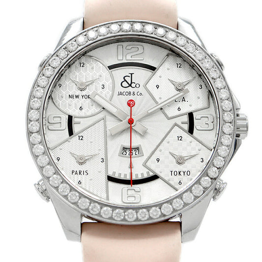 Battery replaced JACOB&Co. Jacob Five Time Zone 47mm Diamond Diamond Bezel Date Silver Guilloche SS Stainless Steel Genuine Belt Genuine Buckle Men's Quartz 5 Time [6 Month Warranty] [Watch]