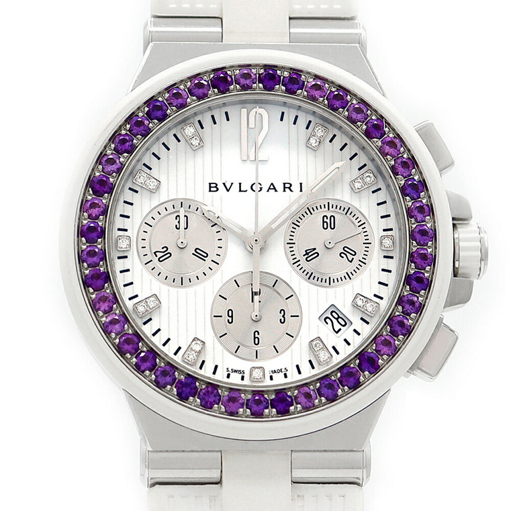 BVLGARI ブルガリ ディアゴノ クロノグラフ メディテラネアン アメジストベゼル 19Pダイヤ 500本限定 DG40SCH ダイヤモンド デイト スモールセコンド 白 ホワイト SS ステンレス 純正ベルト 純正尾錠 メンズ 自動巻き【6ヶ月保証】【腕時計】【中古】