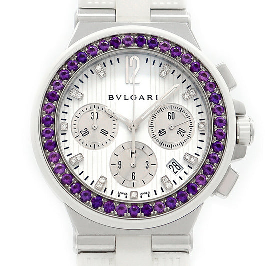BVLGARI ブルガリ ディアゴノ クロノグラフ メディテラネアン アメジストベゼル 19Pダイヤ 500本限定 DG40SCH ダイヤモンド デイト スモールセコンド 白 ホワイト SS ステンレス 純正ベルト 純正尾錠 メンズ 自動巻き【6ヶ月保証】【腕時計】【中古】