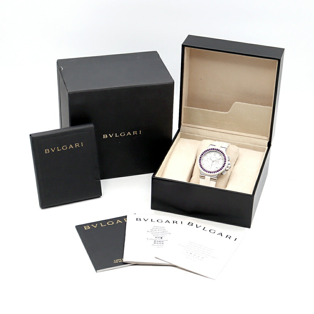 BVLGARI ブルガリ ディアゴノ クロノグラフ メディテラネアン アメジストベゼル 19Pダイヤ 500本限定 DG40SCH ダイヤモンド デイト スモールセコンド 白 ホワイト SS ステンレス 純正ベルト 純正尾錠 メンズ 自動巻き【6ヶ月保証】【腕時計】【中古】