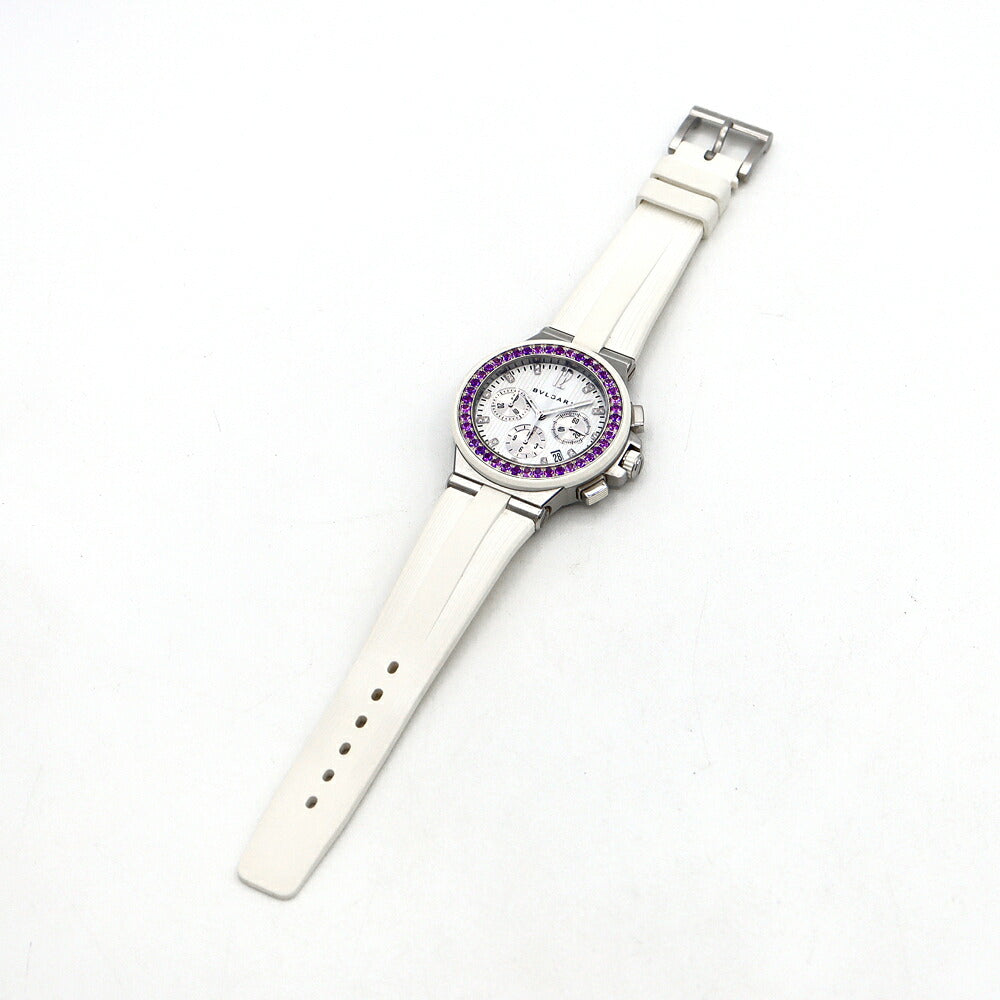 BVLGARI ブルガリ ディアゴノ クロノグラフ メディテラネアン アメジストベゼル 19Pダイヤ 500本限定 DG40SCH ダイヤモンド デイト スモールセコンド 白 ホワイト SS ステンレス 純正ベルト 純正尾錠 メンズ 自動巻き【6ヶ月保証】【腕時計】【中古】