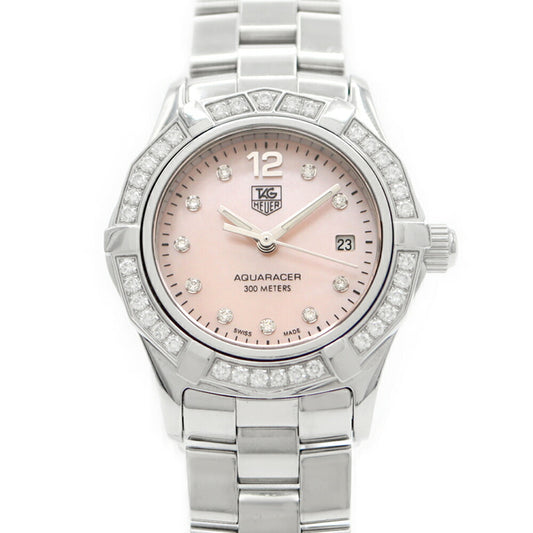 電池交換済 TAG Heuer タグホイヤー アクアレーサー ダイヤベゼル WAF141B ダイヤモンド 10Pダイヤ デイト 300m防水 ピンクシェル SS ステンレス レディース クォーツ【6ヶ月保証】【腕時計】【中古】