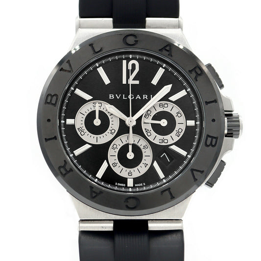 BVLGARI ブルガリ ディアゴノ DG42SCCH デイト スモールセコンド 100m防水 黒 ブラック CE セラミック SS ステンレス 純正ラバーベルト 純正尾錠 メンズ 自動巻き【6ヶ月保証】【腕時計】【中古】