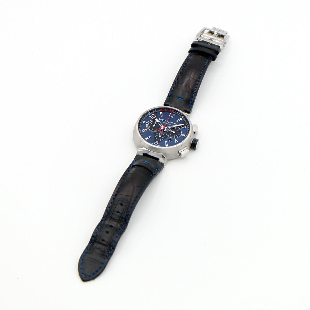 LOUIS VUITTON ルイヴィトン タンブール レガッタ クロノグラフ Q102V デイト 100m防水 青 ブルー SS ステンレス 純正ベルト 純正尾錠 メンズ 自動巻き【6ヶ月保証】【腕時計】【中古】