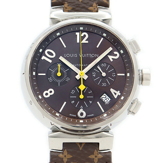 LOUIS VUITTON Tambour Chronograph Q1121 Date 100m Water Resistant Small Second Brown SS Stainless Steel Genuine Belt Genuine Buckle Men's Automatic Winding [6 Month Warranty] [Watch] [Used]