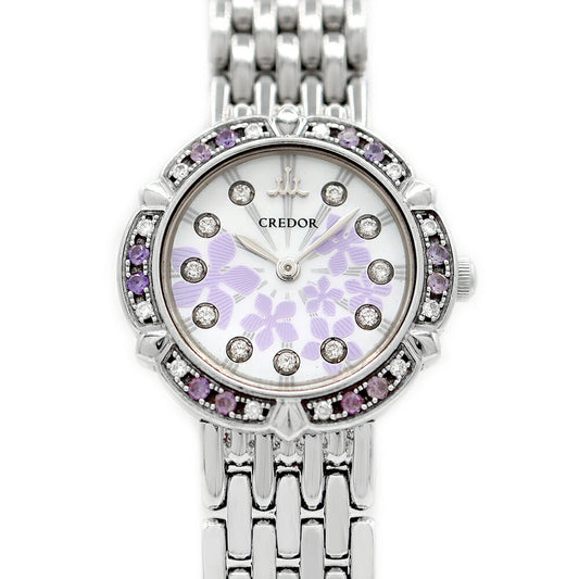 Battery replaced SEIKO Credor Takarazuka 100th Anniversary Limited to 1000 Diamond Bezel 11P Diamond 1E70-0CZ0 Diamond Sapphire White Shell SS Ladies Quartz Sapphire [6 Month Warranty] [Watch] [Used]