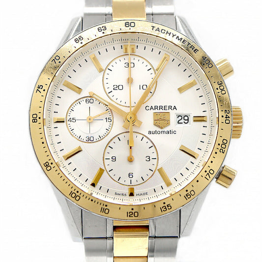 内部点検済 TAG Heuer タグホイヤー カレラ キャリバー16 クロノグラフ CV2050 BD0789 デイト スモールセコンド タキメーター 50m防水 裏スケ 白 ホワイト SS ステンレス YGP イエローゴールド コンビ メンズ 自動巻き【6ヶ月保証】【腕時計】【中古】