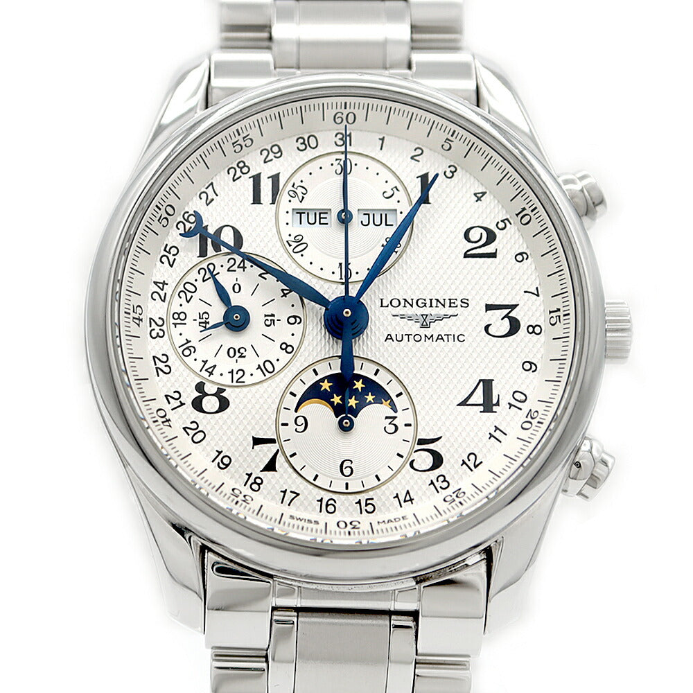 LONGINES ロンジン マスターコレクション ムーンフェイズ クロノグラフ L2.673.4.78.6 30m防水 トリプルカレンダー 裏スケ シルバー SS ステンレス メンズ 自動巻き【6ヶ月保証】【腕時計】【中古】