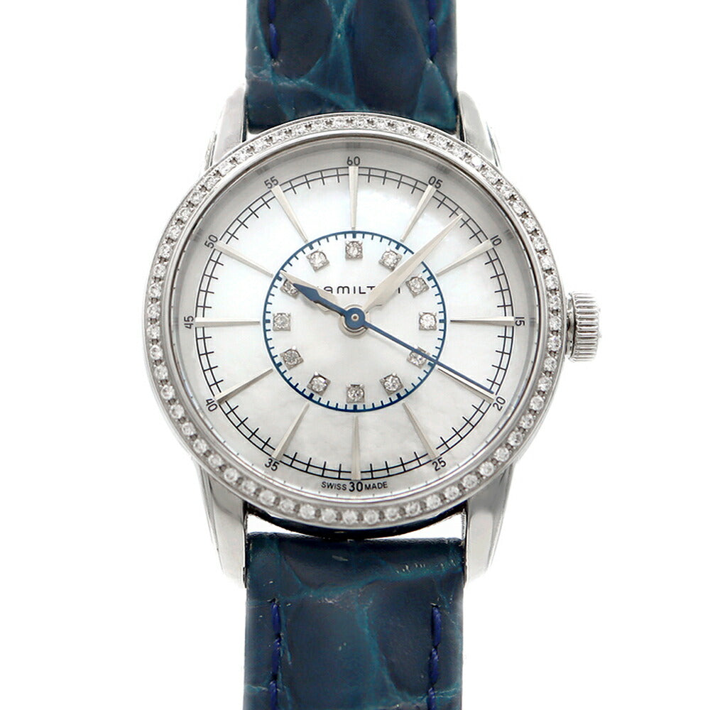 電池交換済 HAMILTON ハミルトン レイルロード ダイヤベゼル H403910 ダイヤモンド 12Pダイヤ 白 ホワイトシェル 純正ベルト 純正尾錠 SS ステンレス レディース クォーツ【6ヶ月保証】【腕時計】【中古】