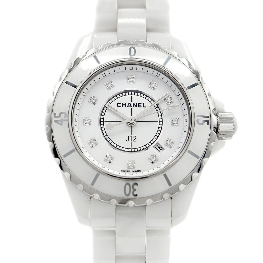 電池交換済 CHANEL シャネル J12 33mm H1628 ダイヤモンド 12Pダイヤ デイト 200m防水 白 ホワイト SS ステンレス CE セラミック レディース クォーツ【6ヶ月保証】【腕時計】【中古】