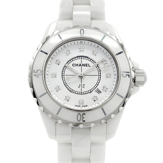 電池交換済 CHANEL シャネル J12 33mm H1628 ダイヤモンド 12Pダイヤ デイト 200m防水 白 ホワイト SS ステンレス CE セラミック レディース クォーツ【6ヶ月保証】【腕時計】【中古】