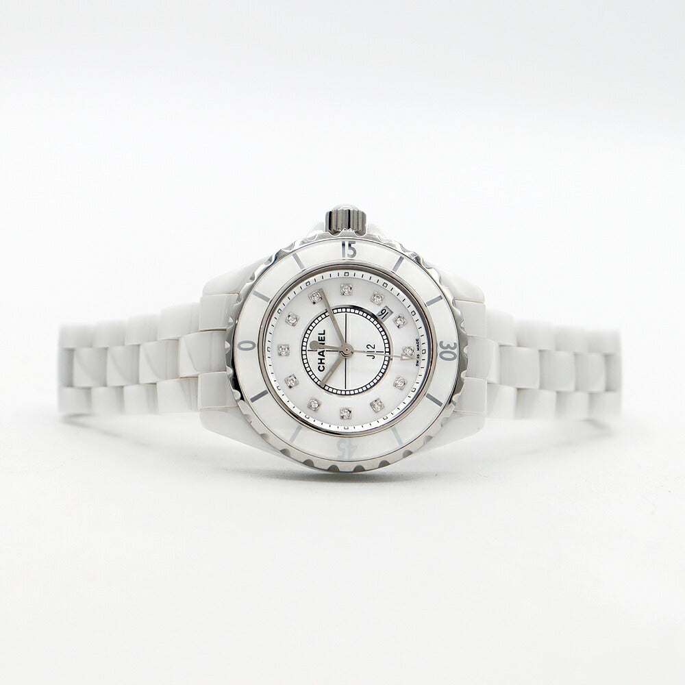 電池交換済 CHANEL シャネル J12 33mm H1628 ダイヤモンド 12Pダイヤ デイト 200m防水 白 ホワイト SS ステンレス CE セラミック レディース クォーツ【6ヶ月保証】【腕時計】【中古】