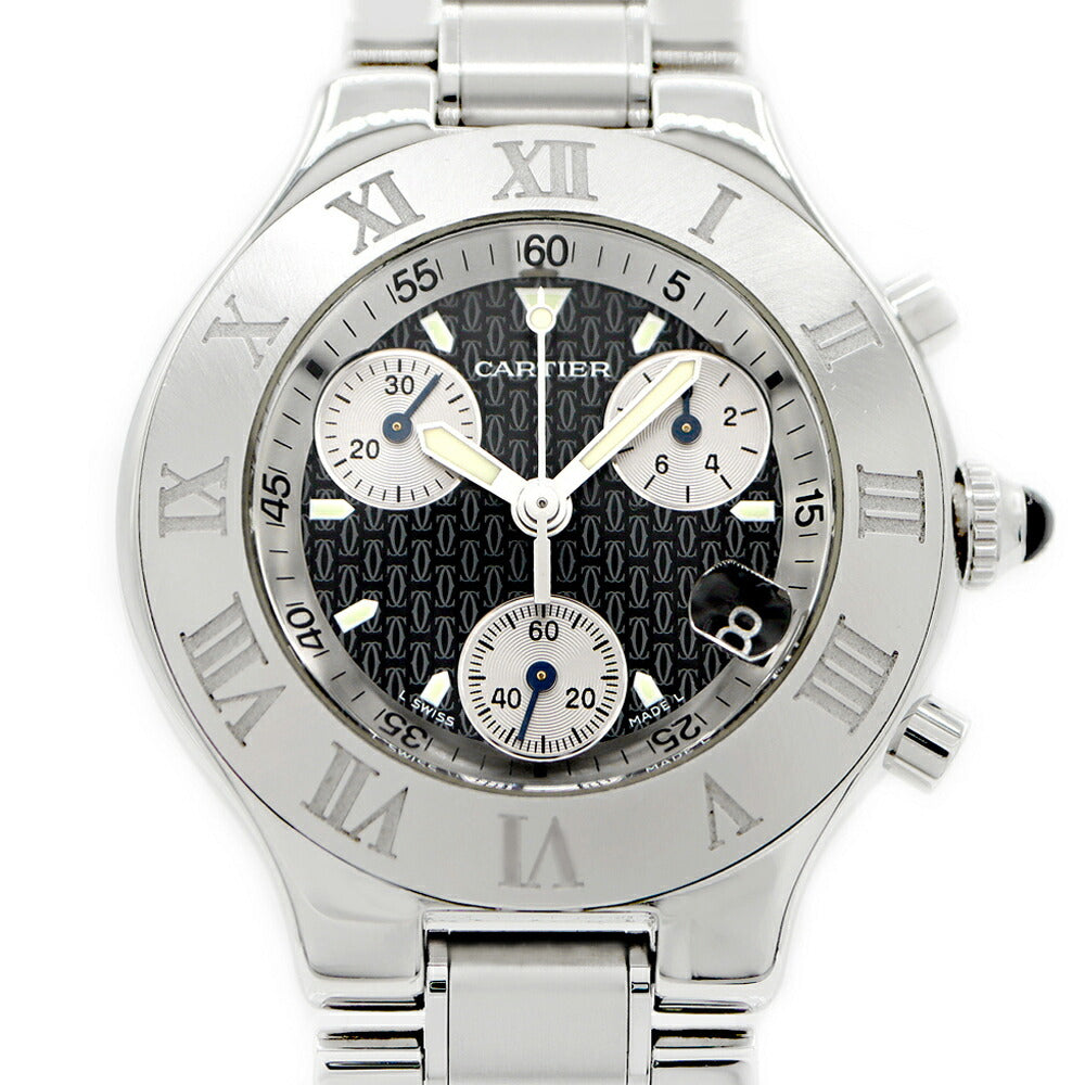 電池交換済 Cartier カルティエ マスト 21 クロノスカフ W10172T2 100m防水 クロノグラフ デイト 黒 ブラック SS ステンレス メンズ クォーツ【6ヶ月保証】【腕時計】【中古】