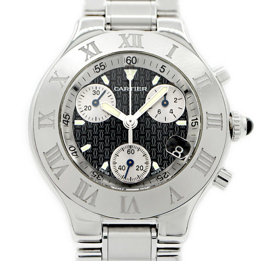 Battery replaced Cartier Cartier Must 21 Chronoscaphe W10172T2 100m Water Resistant Chronograph Date Black SS Stainless Steel Men's Quartz [6 Month Warranty] [Watch] [Used]