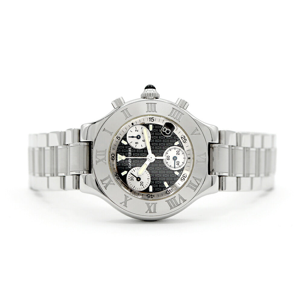 電池交換済 Cartier カルティエ マスト 21 クロノスカフ W10172T2 100m防水 クロノグラフ デイト 黒 ブラック SS ステンレス メンズ クォーツ【6ヶ月保証】【腕時計】【中古】
