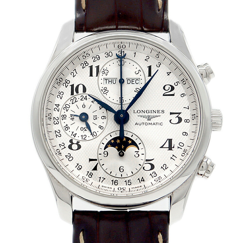 内部点検済 LONGINES ロンジン マスターコレクション クロノグラフ L2.673.4 30m防水 トリプルカレンダー ムーンフェイズ 裏スケ シルバー SS ステンレス 純正ベルト 純正尾錠 メンズ 自動巻き【6ヶ月保証】【腕時計】【中古】