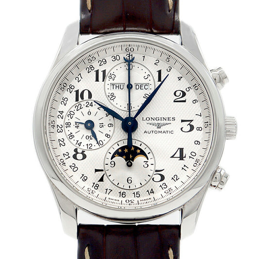 Internally inspected LONGINES Master Collection Chronograph L2.673.4 30m Water Resistant Triple Calendar Moon Phase Back Sketch Silver SS Stainless Steel Genuine Belt Genuine Buckle Men's Automatic Winding [6 Month Warranty] [Watch] [Used]