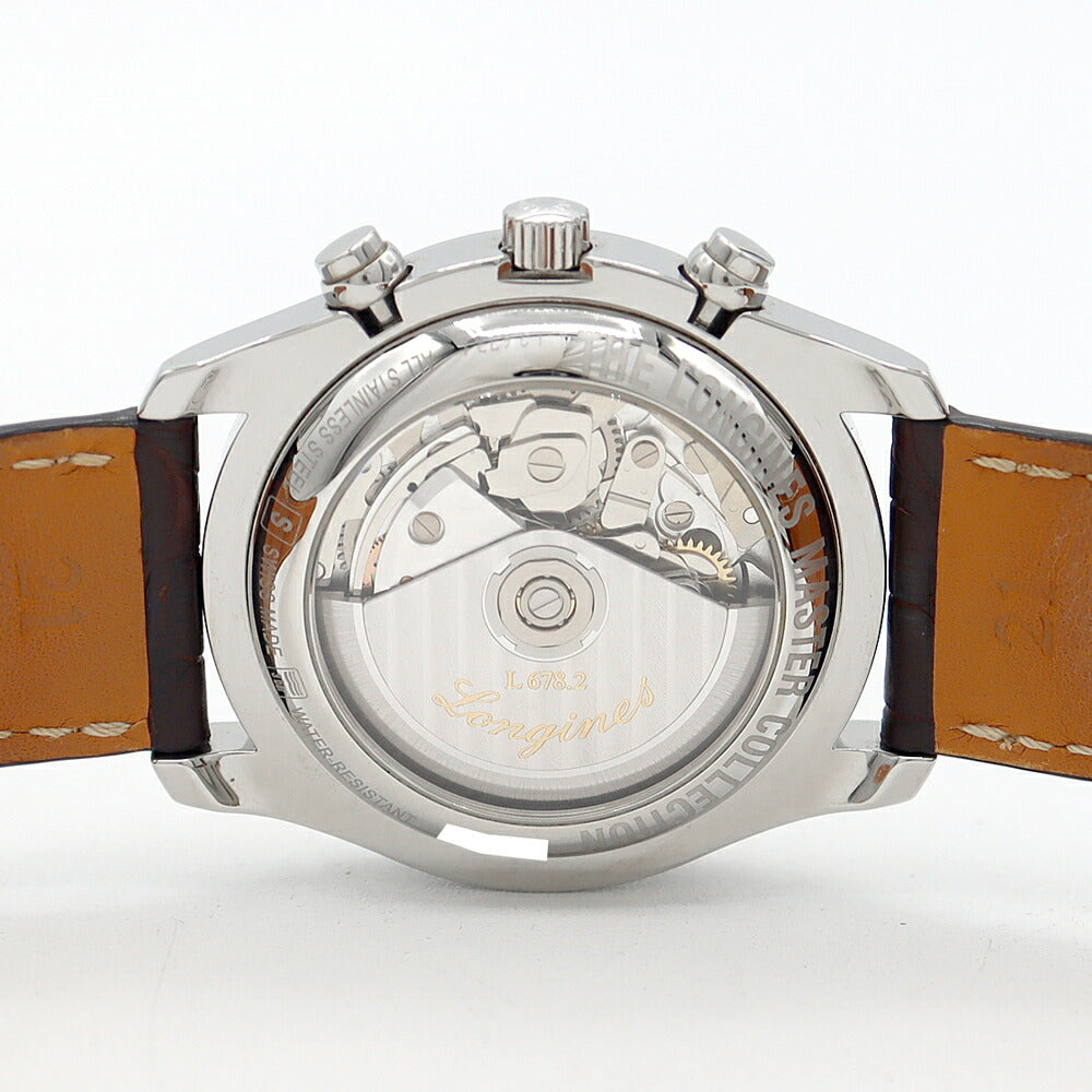 内部点検済 LONGINES ロンジン マスターコレクション クロノグラフ L2.673.4 30m防水 トリプルカレンダー ムーンフェイズ 裏スケ シルバー SS ステンレス 純正ベルト 純正尾錠 メンズ 自動巻き【6ヶ月保証】【腕時計】【中古】