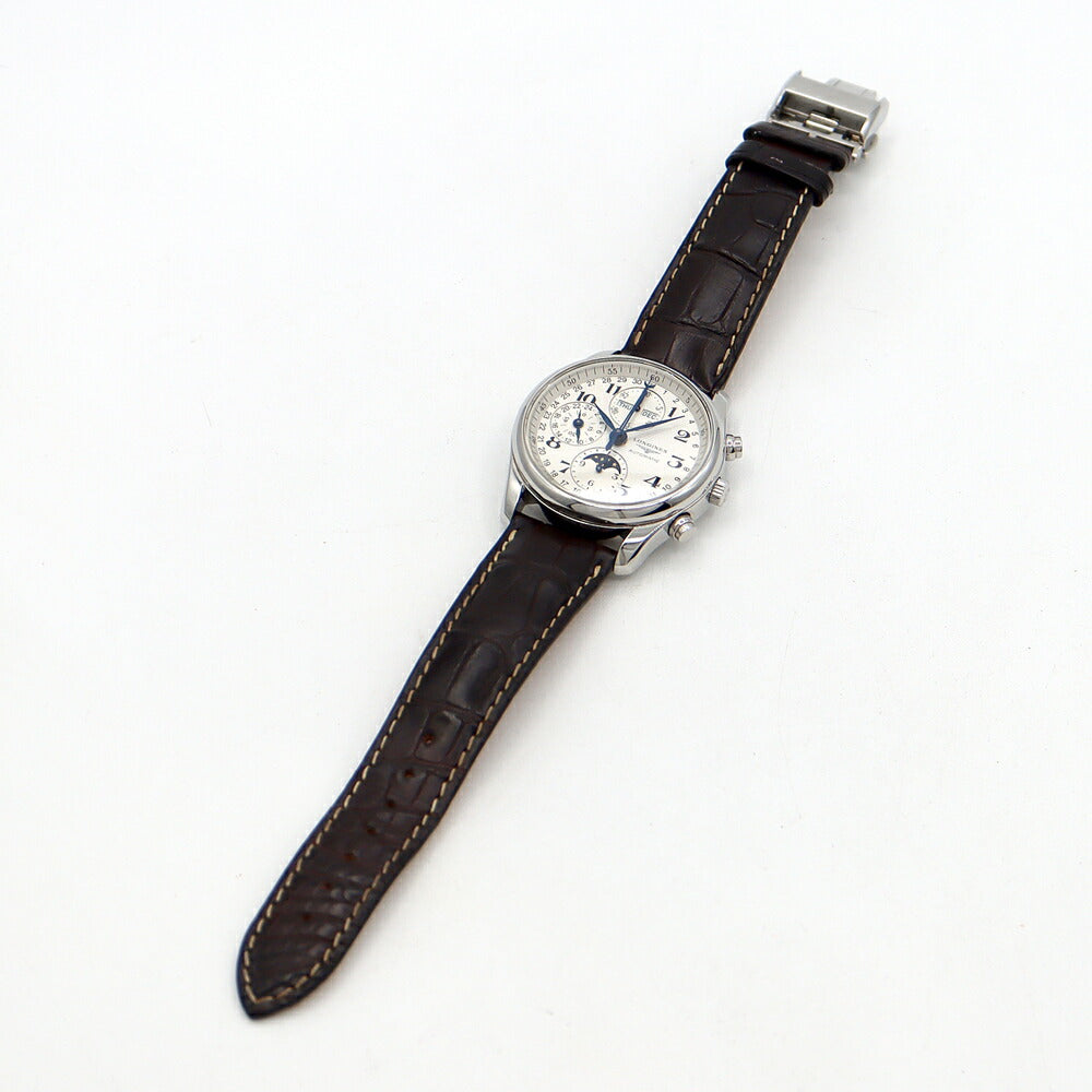 内部点検済 LONGINES ロンジン マスターコレクション クロノグラフ L2.673.4 30m防水 トリプルカレンダー ムーンフェイズ 裏スケ シルバー SS ステンレス 純正ベルト 純正尾錠 メンズ 自動巻き【6ヶ月保証】【腕時計】【中古】
