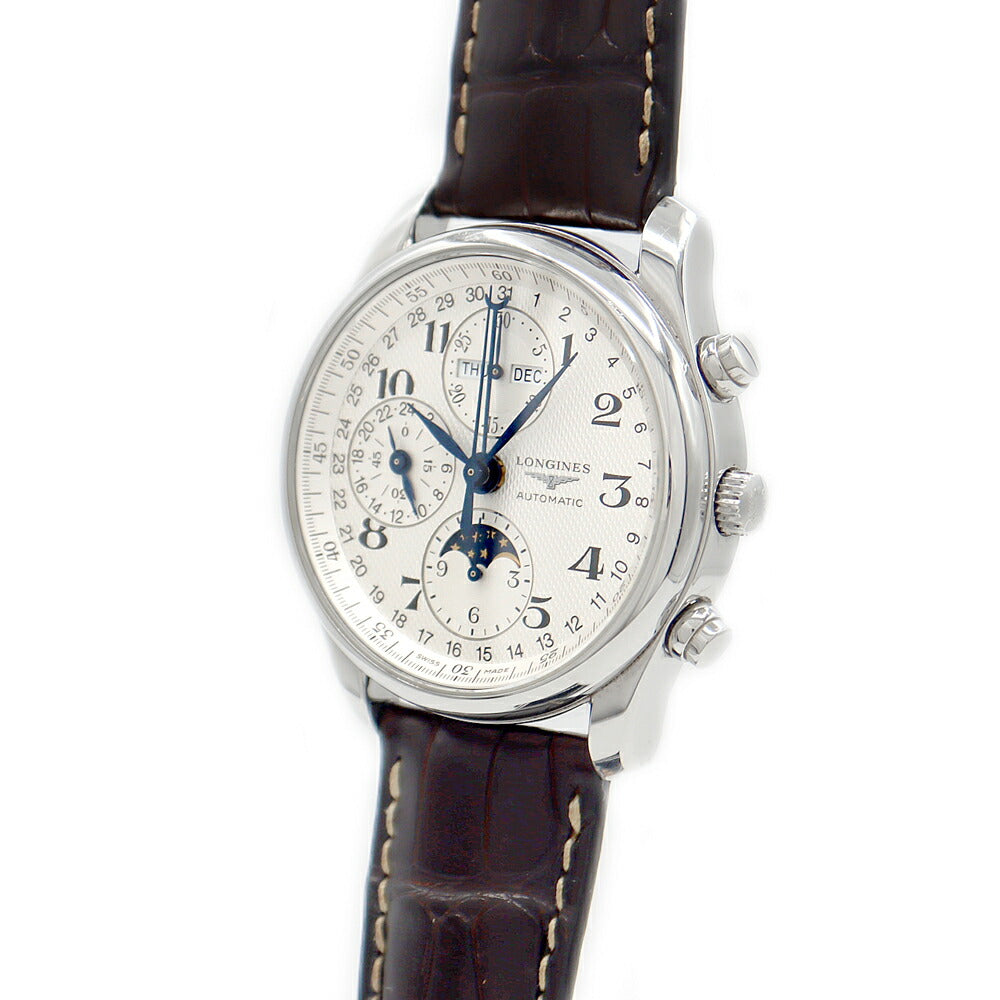 内部点検済 LONGINES ロンジン マスターコレクション クロノグラフ L2.673.4 30m防水 トリプルカレンダー ムーンフェイズ 裏スケ シルバー SS ステンレス 純正ベルト 純正尾錠 メンズ 自動巻き【6ヶ月保証】【腕時計】【中古】