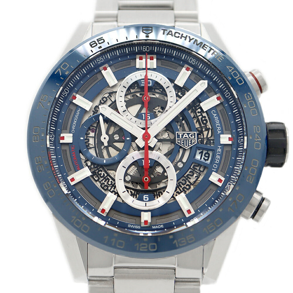 内部点検済 TAG Heuer タグホイヤー カレラ キャリバー ホイヤー01 クロノグラフ CAR201T BA0766 100m防水 デイト 青 ブルー スケルトン SS ステンレス メンズ 自動巻き【6ヶ月保証】【腕時計】【中古】