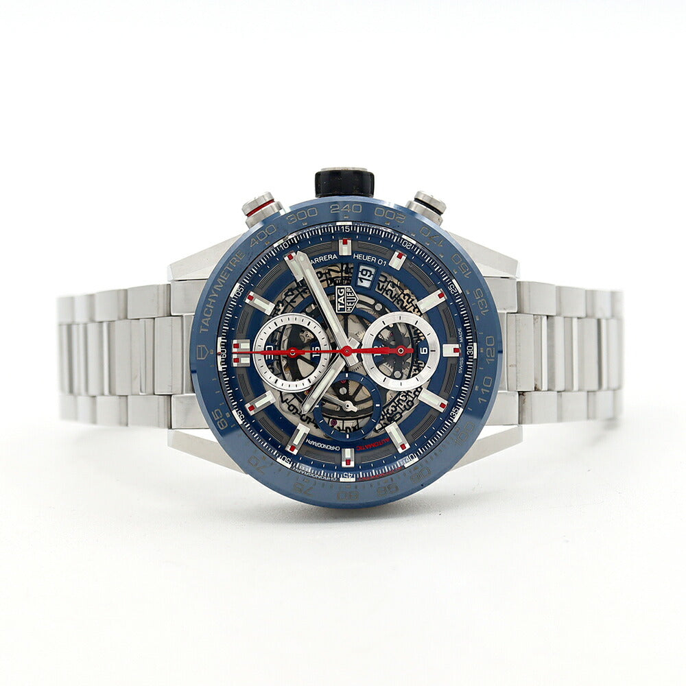 内部点検済 TAG Heuer タグホイヤー カレラ キャリバー ホイヤー01 クロノグラフ CAR201T BA0766 100m防水 デイト 青 ブルー スケルトン SS ステンレス メンズ 自動巻き【6ヶ月保証】【腕時計】【中古】