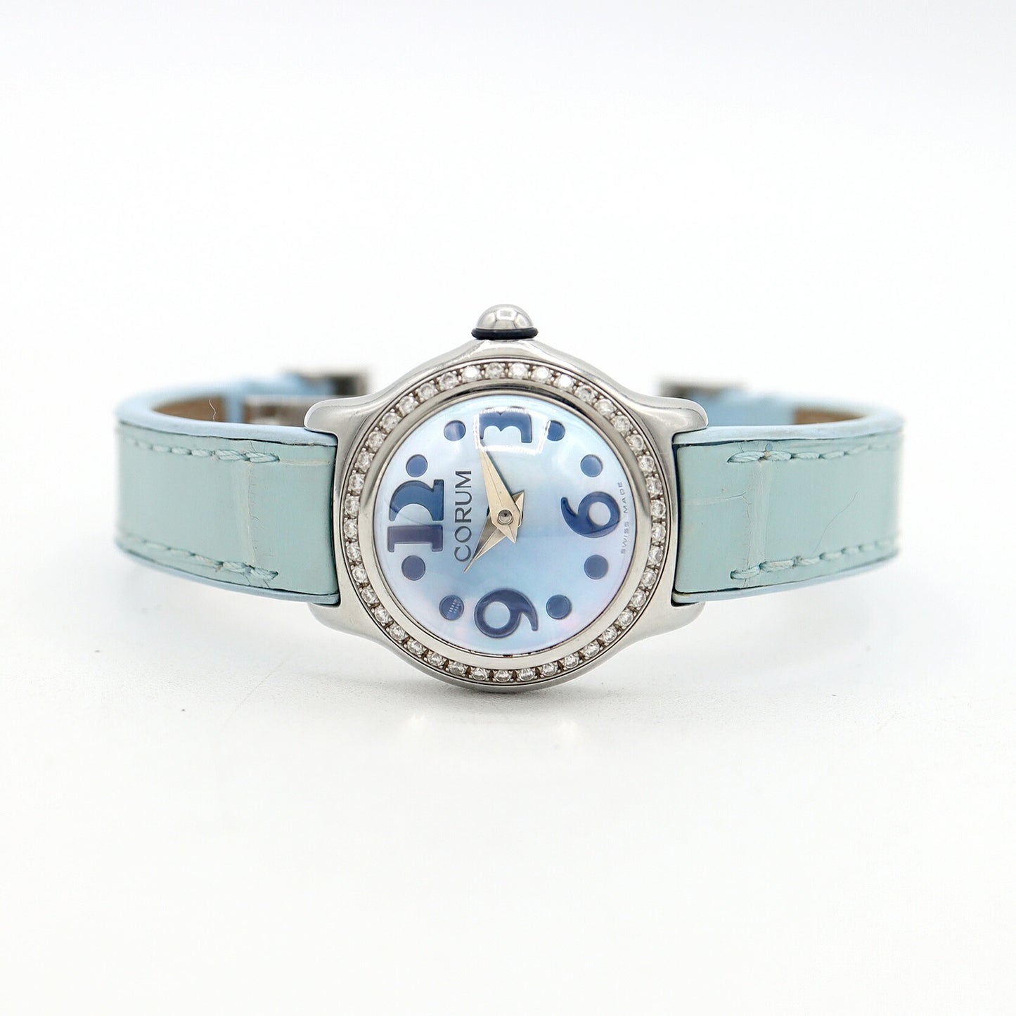 電池交換済 CORUM コルム ミニ バブル ダイヤベゼル 101.151.47 ダイヤモンド 青 ブルーシェル SS ステンレス 純正ベルト 純正バックル レディース クォーツ【6ヶ月保証】【腕時計】【中古】