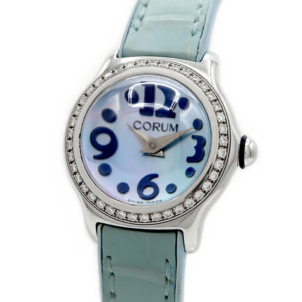 電池交換済 CORUM コルム ミニ バブル ダイヤベゼル 101.151.47 ダイヤモンド 青 ブルーシェル SS ステンレス 純正ベルト 純正バックル レディース クォーツ【6ヶ月保証】【腕時計】【中古】