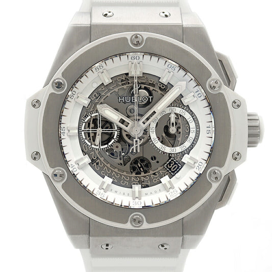 内部点検済 HUBLOT ウブロ キングパワー チタニウム クロノグラフ 701.NE.0127.GR 白 ホワイト スケルトン チタン 純正ベルト 純正尾錠 メンズ 自動巻き【6ヶ月保証】【腕時計】【中古】