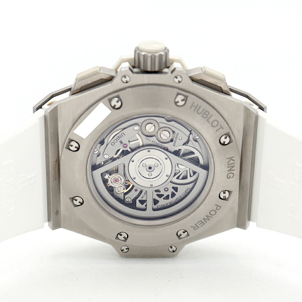 内部点検済 HUBLOT ウブロ キングパワー チタニウム クロノグラフ 701.NE.0127.GR 白 ホワイト スケルトン チタン 純正ベルト 純正尾錠 メンズ 自動巻き【6ヶ月保証】【腕時計】【中古】