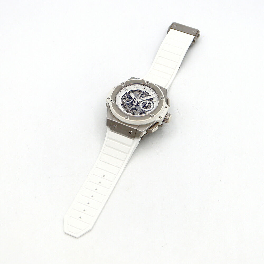 内部点検済 HUBLOT ウブロ キングパワー チタニウム クロノグラフ 701.NE.0127.GR 白 ホワイト スケルトン チタン 純正ベルト 純正尾錠 メンズ 自動巻き【6ヶ月保証】【腕時計】【中古】