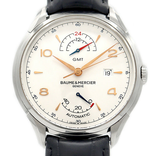 BAUME＆MERCIER ボーム&メルシェ クリフトン GMT パワーリザーブ M0A10421 デイト 裏スケ 白 ホワイト SS ステンレス 純正ベルト 純正尾錠 メンズ 自動巻き【6ヶ月保証】【腕時計】【中古】