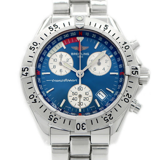 電池交換済 BREITLING ブライトリング トランスオーシャン クロノグラフ A53340 100m防水 デイト スモールセコンド 青 ブルー SS ステンレス メンズ クォーツ【6ヶ月保証】【腕時計】【中古】