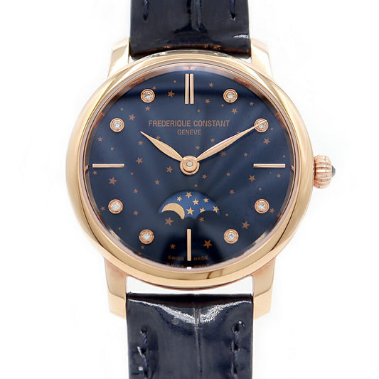 Battery replaced FREDERIQUE CONSTANT Slimline Moon Phase Japan Limited Model 8P Diamond FC-206X1S2 Diamond Navy SS Stainless Steel RGP Rose Gold Genuine Belt Ladies Quartz [6 Month Warranty] [Watch] [Used]
