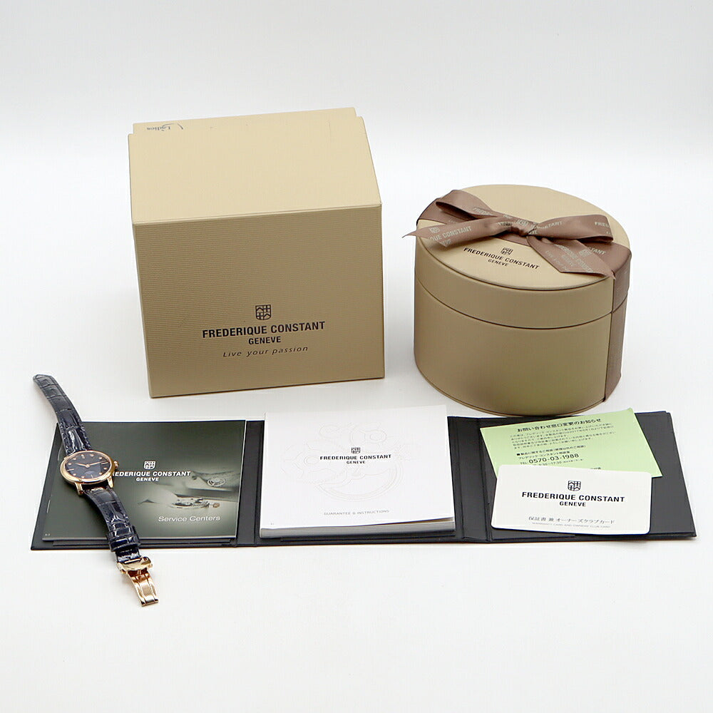 電池交換済 FREDERIQUE CONSTANT フレデリックコンスタント スリムライン ムーンフェイズ 日本限定モデル 8Pダイヤ FC-206X1S2 ダイヤモンド ネイビー SS ステンレス RGP ローズゴールド 純正ベルト レディース クォーツ【6ヶ月保証】【腕時計】【中古】
