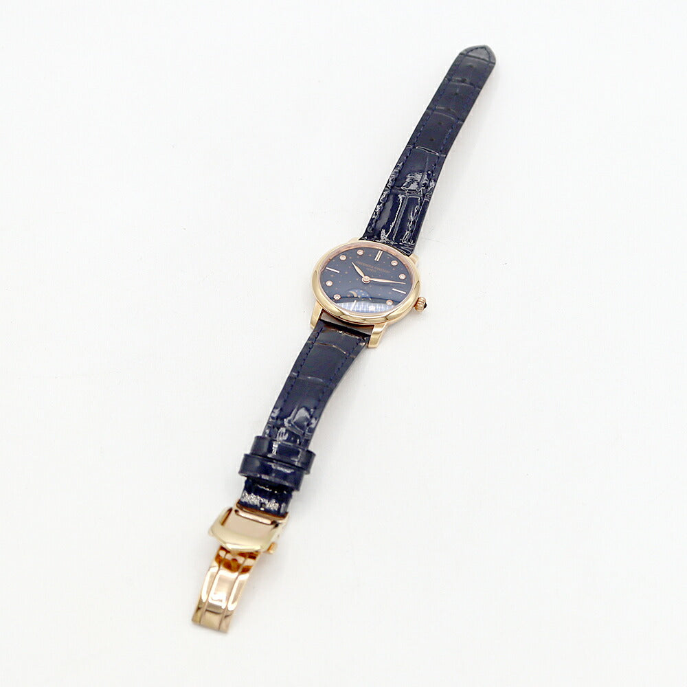 電池交換済 FREDERIQUE CONSTANT フレデリックコンスタント スリムライン ムーンフェイズ 日本限定モデル 8Pダイヤ FC-206X1S2 ダイヤモンド ネイビー SS ステンレス RGP ローズゴールド 純正ベルト レディース クォーツ【6ヶ月保証】【腕時計】【中古】