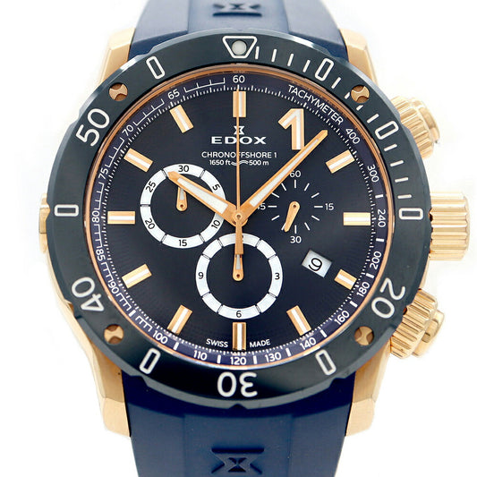 電池交換済 EDOX エドックス クロノオフショア1 10221-37RBU3-BUIR3 デイト クロノグラフ 500m防水 ブルー ネイビー PGP ピンクゴールド SS CE 純正ベルト 純正尾錠 メンズ クォーツ【6ヶ月保証】【腕時計】【中古】