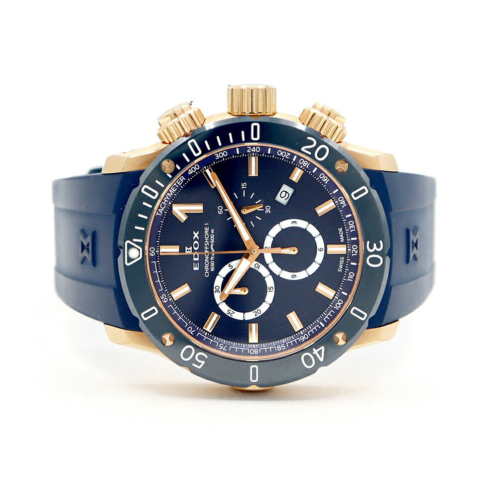 電池交換済 EDOX エドックス クロノオフショア1 10221-37RBU3-BUIR3 デイト クロノグラフ 500m防水 ブルー ネイビー PGP ピンクゴールド SS CE 純正ベルト 純正尾錠 メンズ クォーツ【6ヶ月保証】【腕時計】【中古】