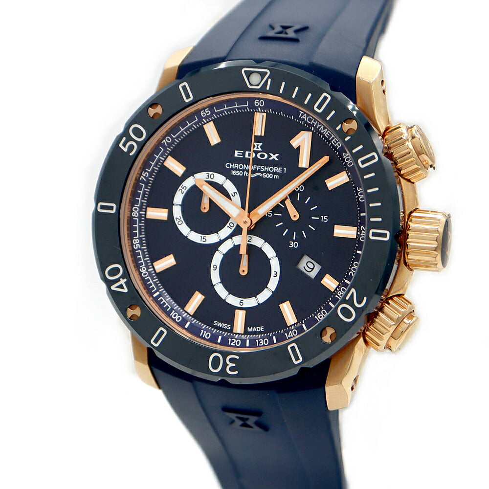 電池交換済 EDOX エドックス クロノオフショア1 10221-37RBU3-BUIR3 デイト クロノグラフ 500m防水 ブルー ネイビー PGP ピンクゴールド SS CE 純正ベルト 純正尾錠 メンズ クォーツ【6ヶ月保証】【腕時計】【中古】