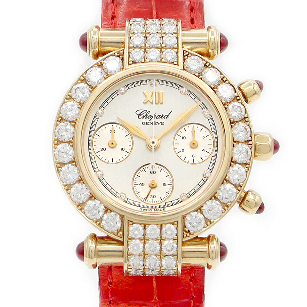 電池交換済 Chopard ショパール インペリアーレ クロノグラフ ダイヤベゼル 38/3168-21 ダイヤモンド 白 ホワイト K18YG イエローゴールド 純正ベルト 純正K18YG尾錠 レディース クォーツ【6ヶ月保証】【腕時計】【中古】
