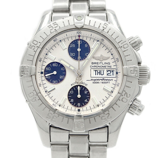 BREITLING ブライトリング スーパーオーシャン クロノグラフ A13340 デイデイト 500m防水 スモールセコンド シルバー 青 ブルー SS ステンレス メンズ 自動巻き【6ヶ月保証】【腕時計】【中古】