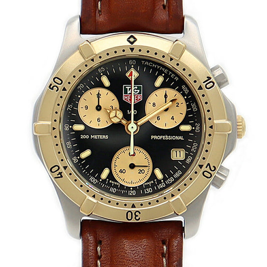 電池交換済 TAG Heuer タグホイヤー プロフェッショナル 200 クロノグラフ CE1120 200m防水 デイト 黒 ブラック SS ステンレス YGP イエローゴールド コンビ 純正ベルト 純正尾錠 メンズ クォーツ【6ヶ月保証】【腕時計】【中古】