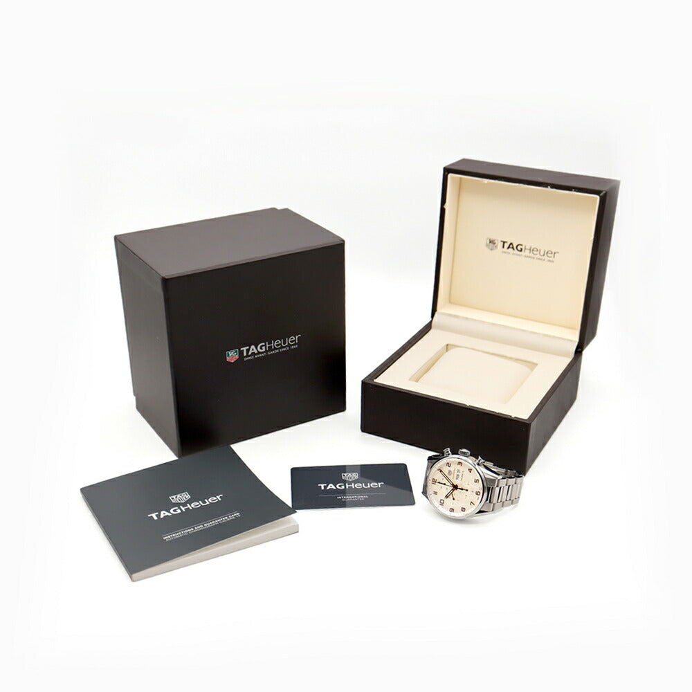 内部点検済 TAG Heuer タグホイヤー カレラ キャリバー16 クロノグラフ CV2A1AC.BA0738 デイデイト 100m防水 裏スケ スモールセコンド シルバー SS ステンレス メンズ 自動巻き【6ヶ月保証】【腕時計】【中古】