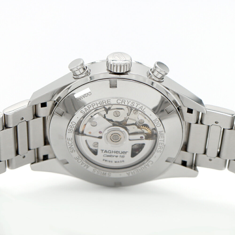 内部点検済 TAG Heuer タグホイヤー カレラ キャリバー16 クロノグラフ CV2A1AC.BA0738 デイデイト 100m防水 裏スケ スモールセコンド シルバー SS ステンレス メンズ 自動巻き【6ヶ月保証】【腕時計】【中古】